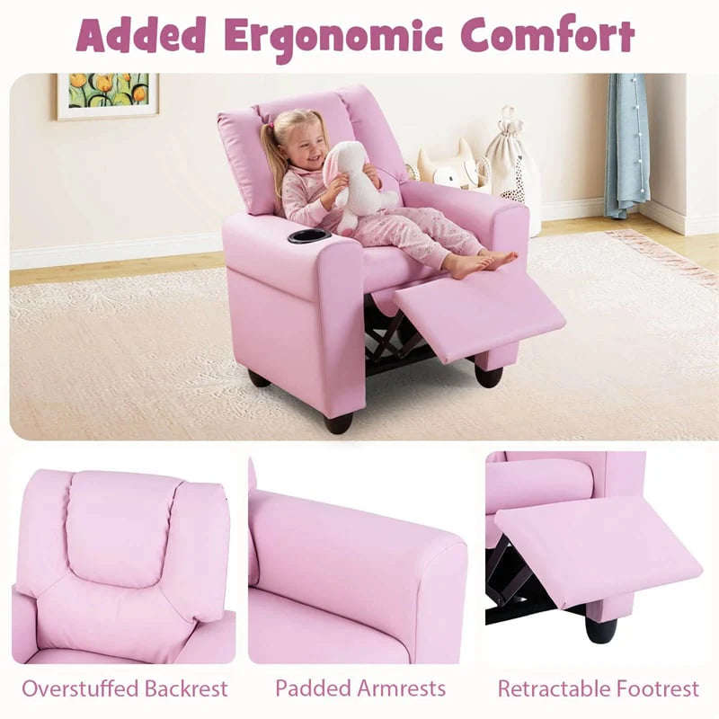Kids Recliner Chair with Cup Holder & Side Pocket. Adjustable Toddler Lounge Sofa. Ergonomic Children Armchairs for Boys Girls Age 3+. 150lbs