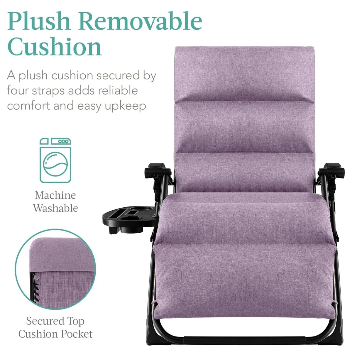 Oversized Chair. Folding Outdoor Patio Recliner. XL Anti Gravity Lounger W/Removable Cushion. Cup Holder. Side Tray. 350 lb Capacity - Taupe