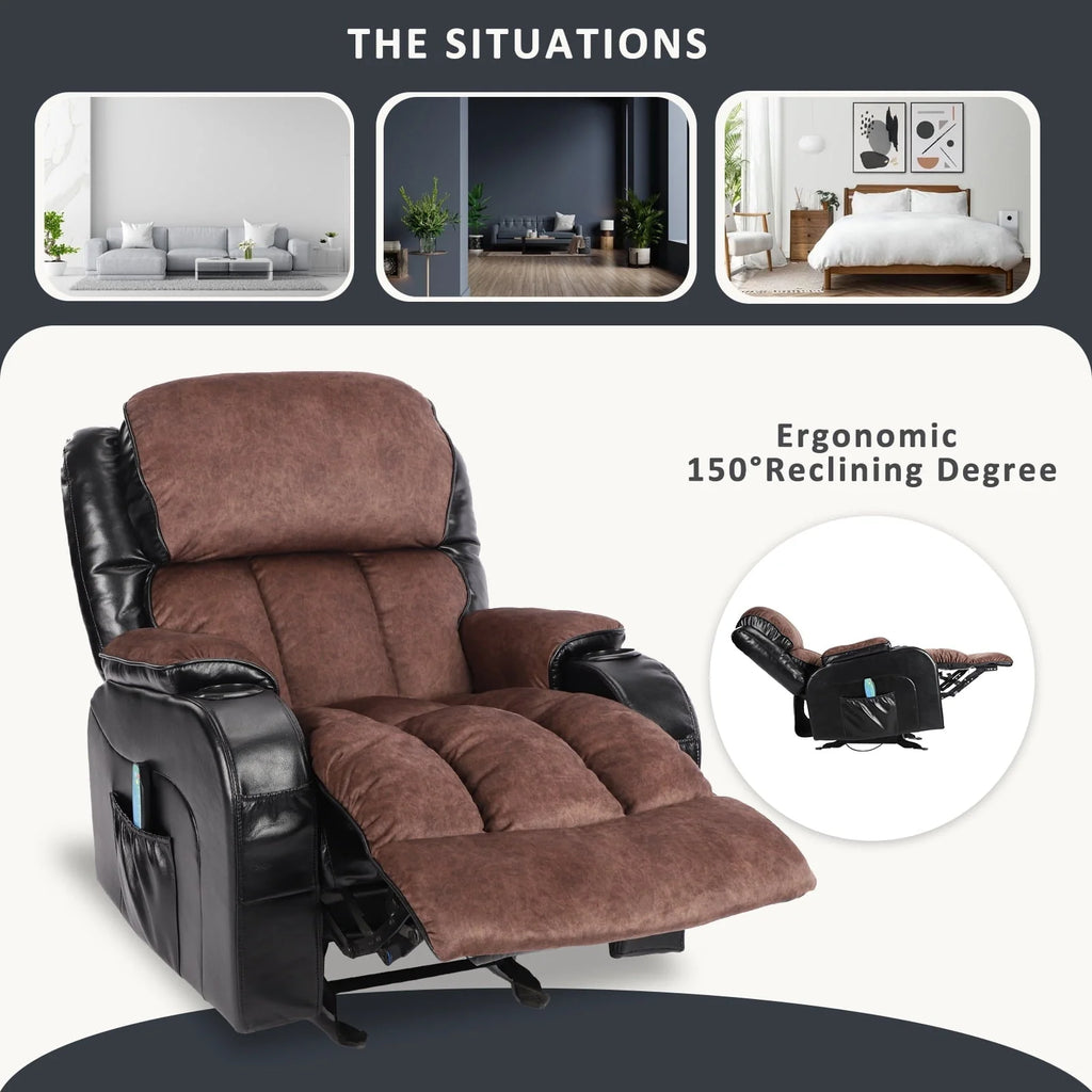 Leather Massage Recliner Chair. Modern Electric Power Rocker with Heated Massage. Ergonomic Lounge Chair. SEGMART Single Sofa Seat with Drink Holders for Living Room. Black and Brown