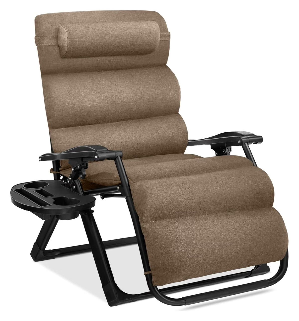 Oversized Chair. Folding Outdoor Patio Recliner. XL Anti Gravity Lounger W/Removable Cushion. Cup Holder. Side Tray. 350 lb Capacity - Taupe