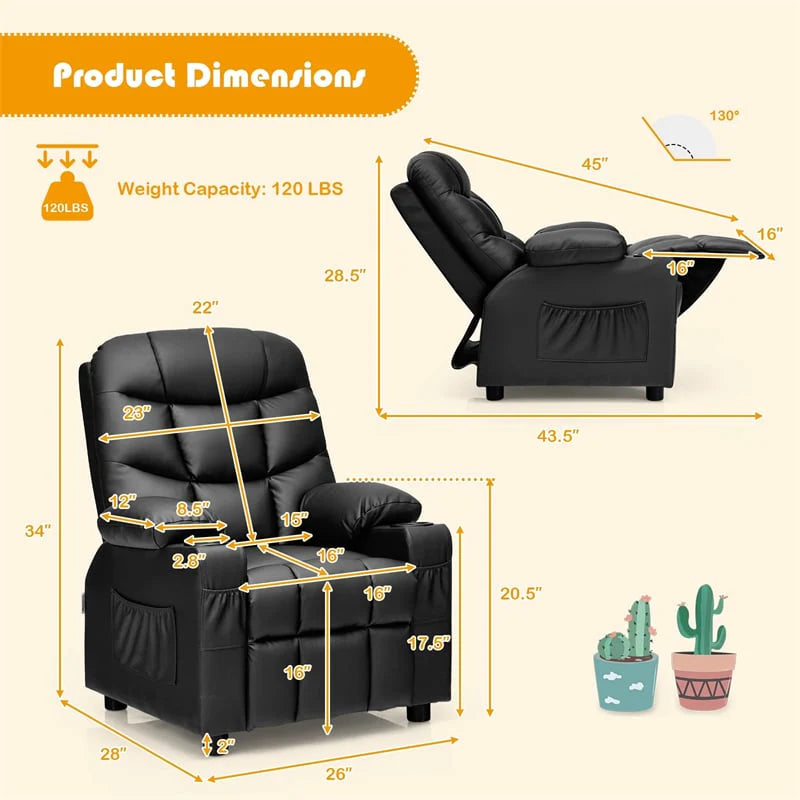 Kids Recliner Chair PU Leather Adjustable Lounge Sofa with Cup Holder. 3 Pockets & Retractable Footrest. Ergonomic Toddler Furniture Sofa