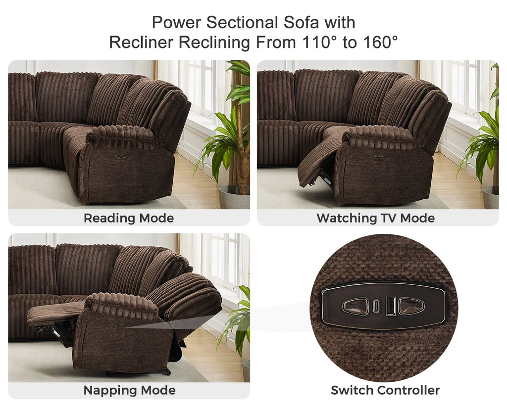 Power Reclining Sectional Sofa with Wireless Charger. 6 - Seater Faux Fur Sectional with Recliners. Hidden Cup Holders. Storage Console. USB & Type - C Ports. Black