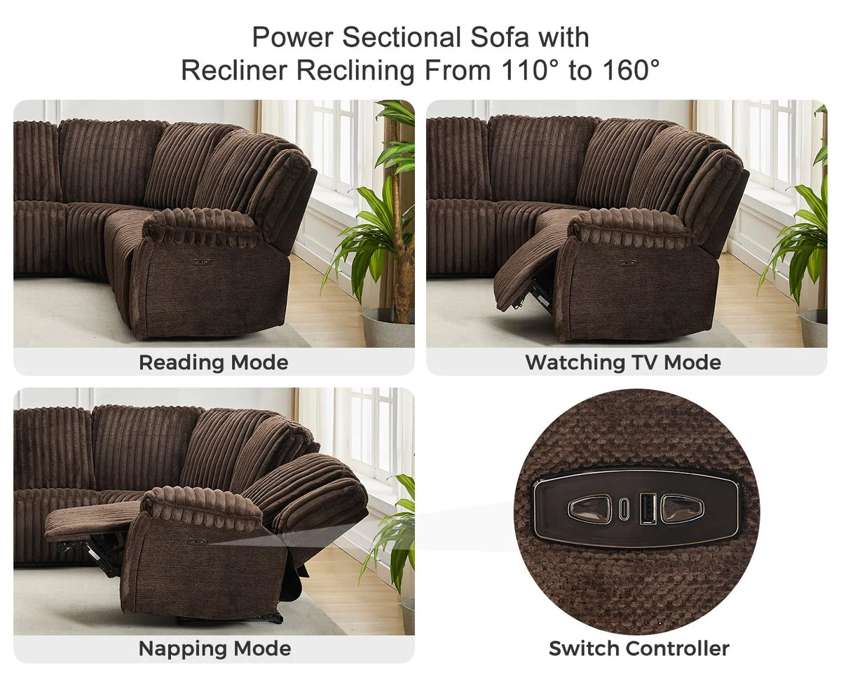 Power Reclining Sectional Sofa with Wireless Charger. 6 - Seater Faux Fur Sectional with Recliners. Hidden Cup Holders. Storage Console. USB & Type - C Ports. Black