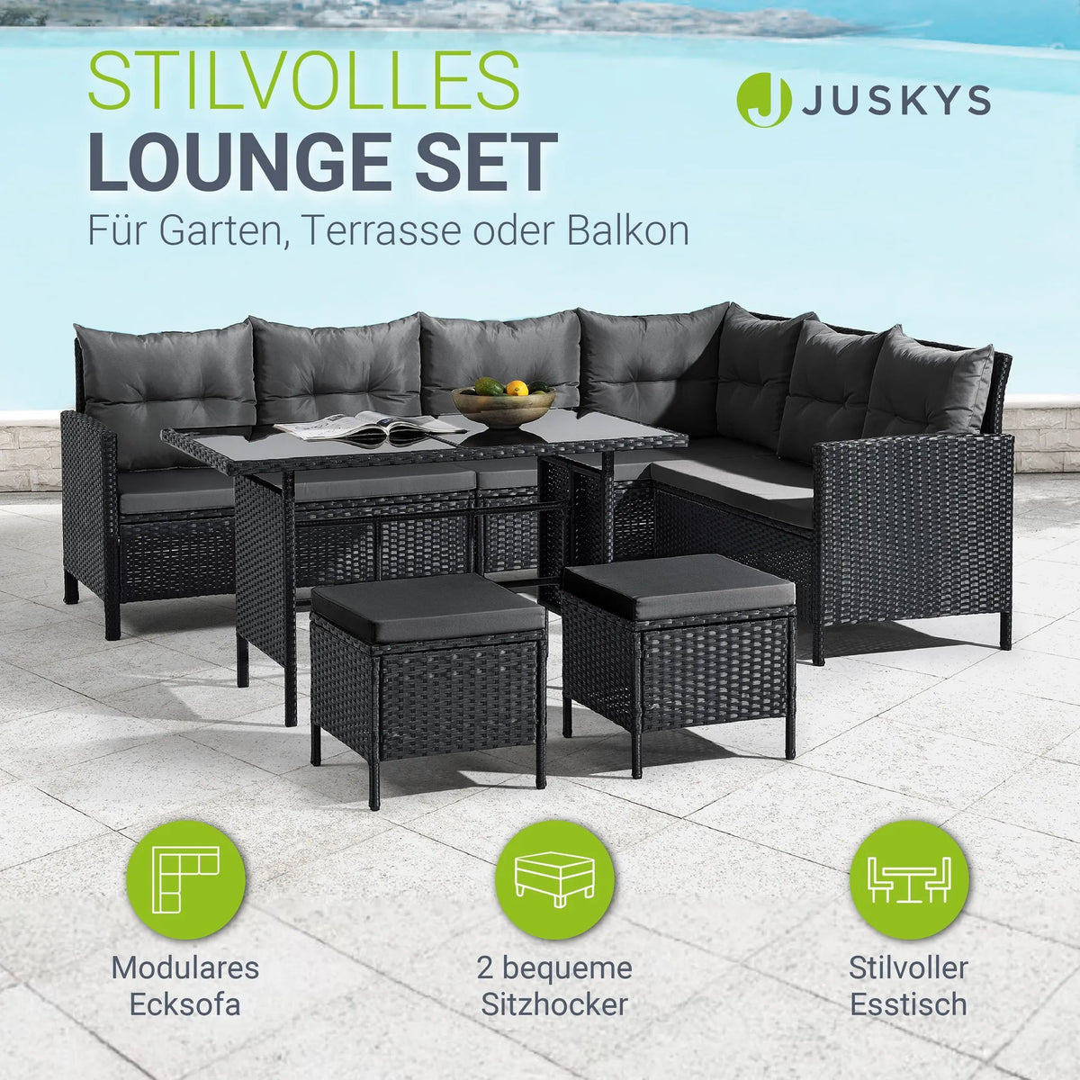 Juskys Polyrattan Lounge Manacor - Sofa. Tisch. Hocker & Kissen - Schwarz & Grau