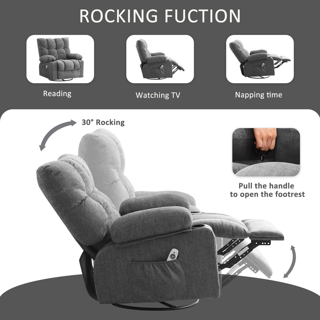 JONPONY Manual Recliner Chair with Heat Therapy and Massage Function. Heavy Duty Reclining Mechanism Massage Chair. Elderly Single Rocker Sofa with Cup Holders for Bedroom Home Theater. Grey