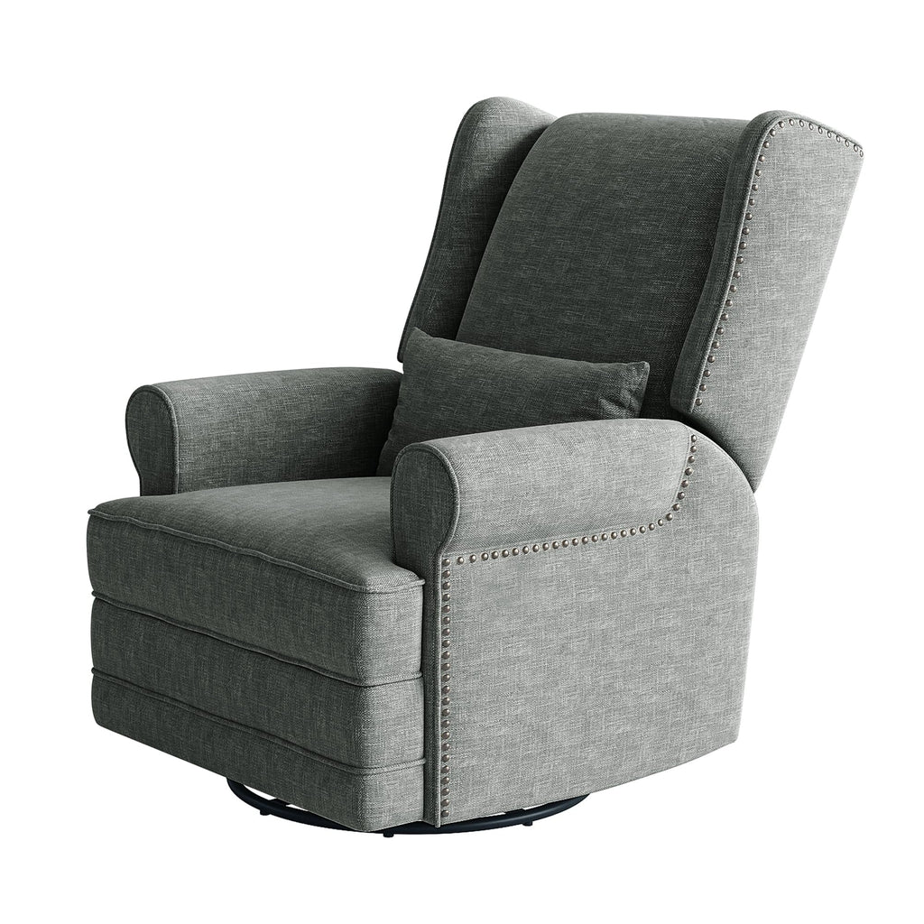 Royalcraft Swivel Nursery Glider Recliner. Comfy Upholstered Glider Chair with Lumbar Pillow and Footrest. Beige