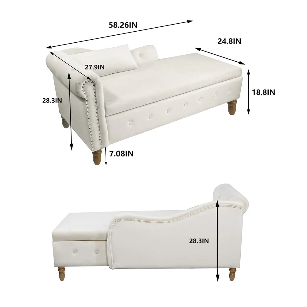 Storage Chaise Lounge. Upholstered Rolled Arm Chase Lounge with Nailhead Trim. Recliner Lounge Chair for Living Room Bedroom
