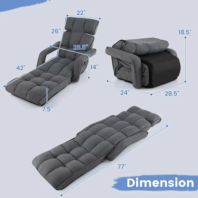 6-Position Adjustable Floor Sofa Bed. Folding Lazy Sofa Chaise Lounger Recliner with Armrests & Footrests for Living Room. Bedroom & Gaming