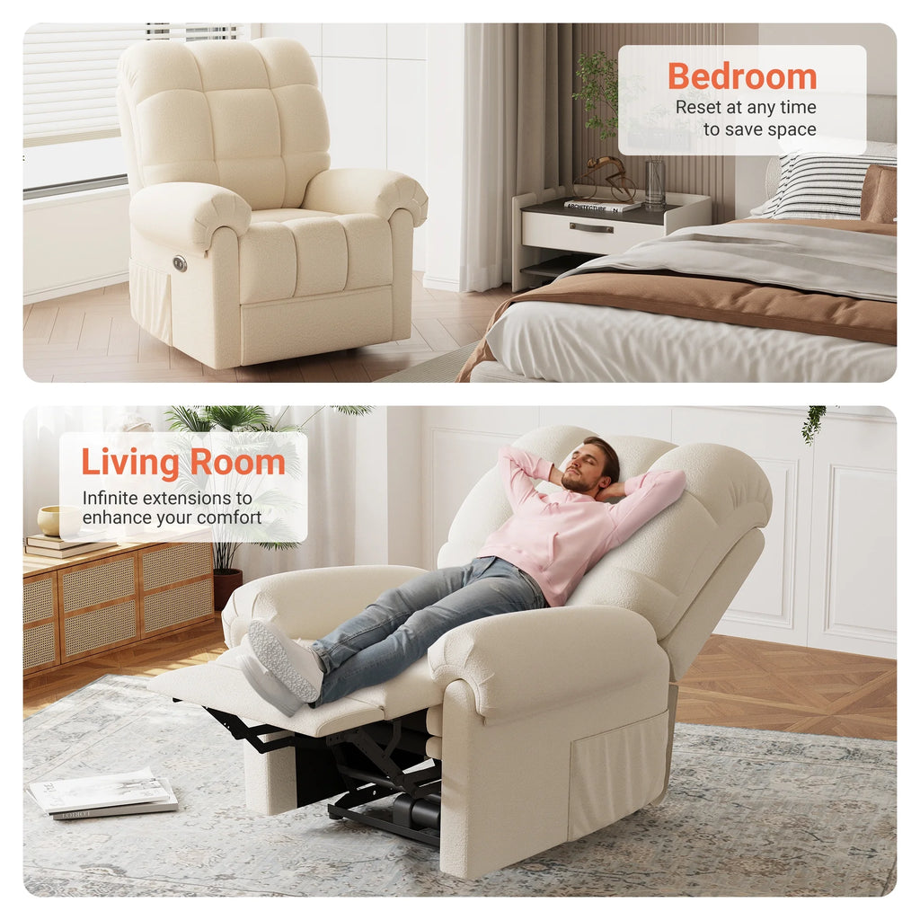 Power Recliner Chair. Electric Recline Sofa Chair for Adults with USB Port. Comfy Teddy Fleece Adjustable Cloud Sofa. Tool - Free Setup. Beige White