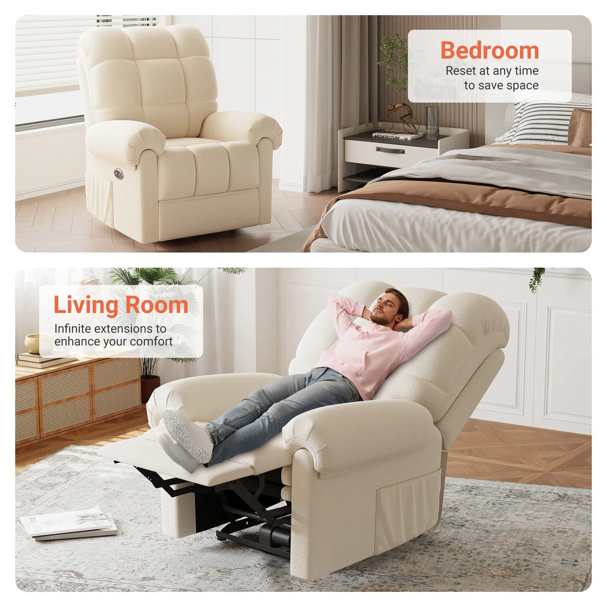 Power Recliner Chair. Electric Recline Sofa Chair for Adults with USB Port. Comfy Teddy Fleece Adjustable Cloud Sofa. Tool - Free Setup. Beige White