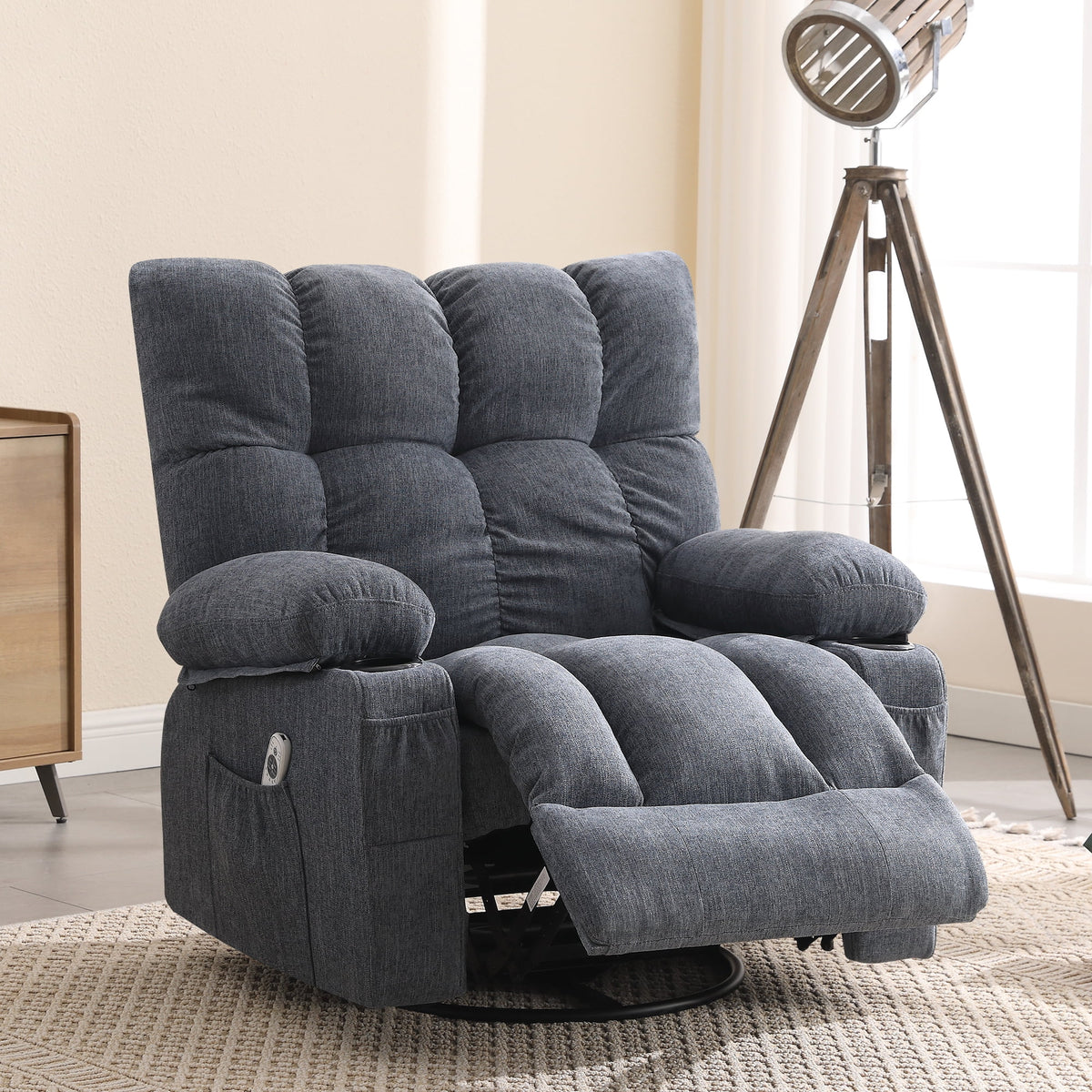 JONPONY Manual Recliner Chair with Heat Therapy and Massage Function. Heavy Duty Reclining Mechanism Massage Chair. Elderly Single Rocker Sofa with Cup Holders for Bedroom Home Theater. Grey