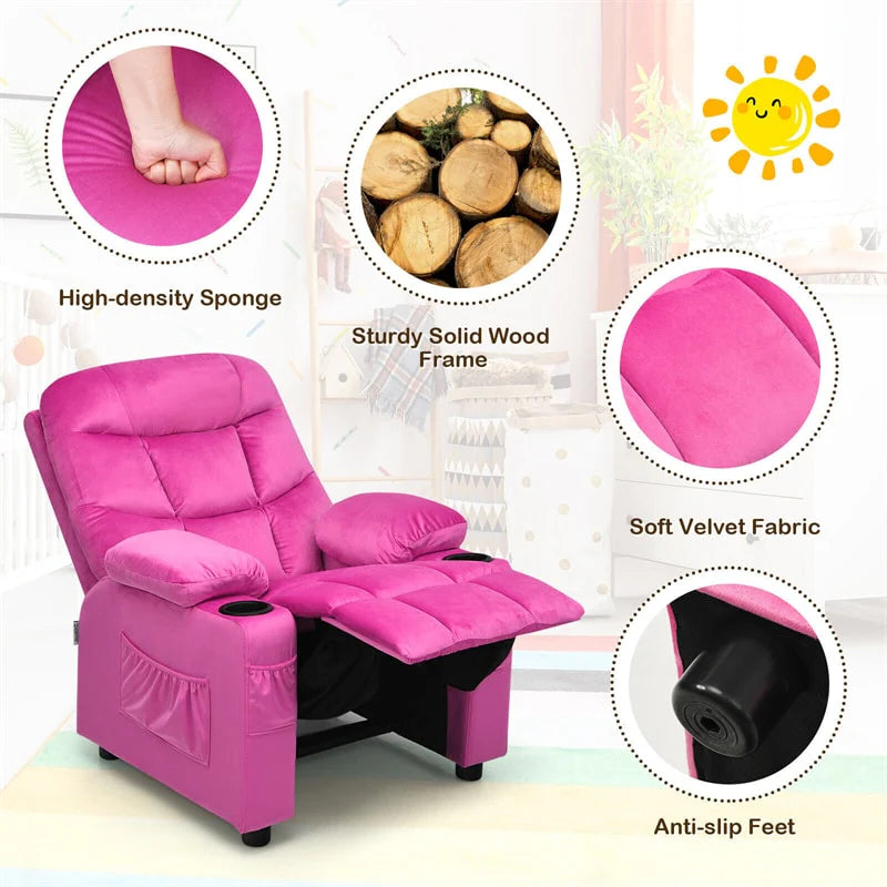 Kids Recliner Chair Adjustable Velvet Lounge Sofa with Cup Holders. 3 Pockets. Retractable Footrest. Toddler Furniture Sofa for Boys Girls Room