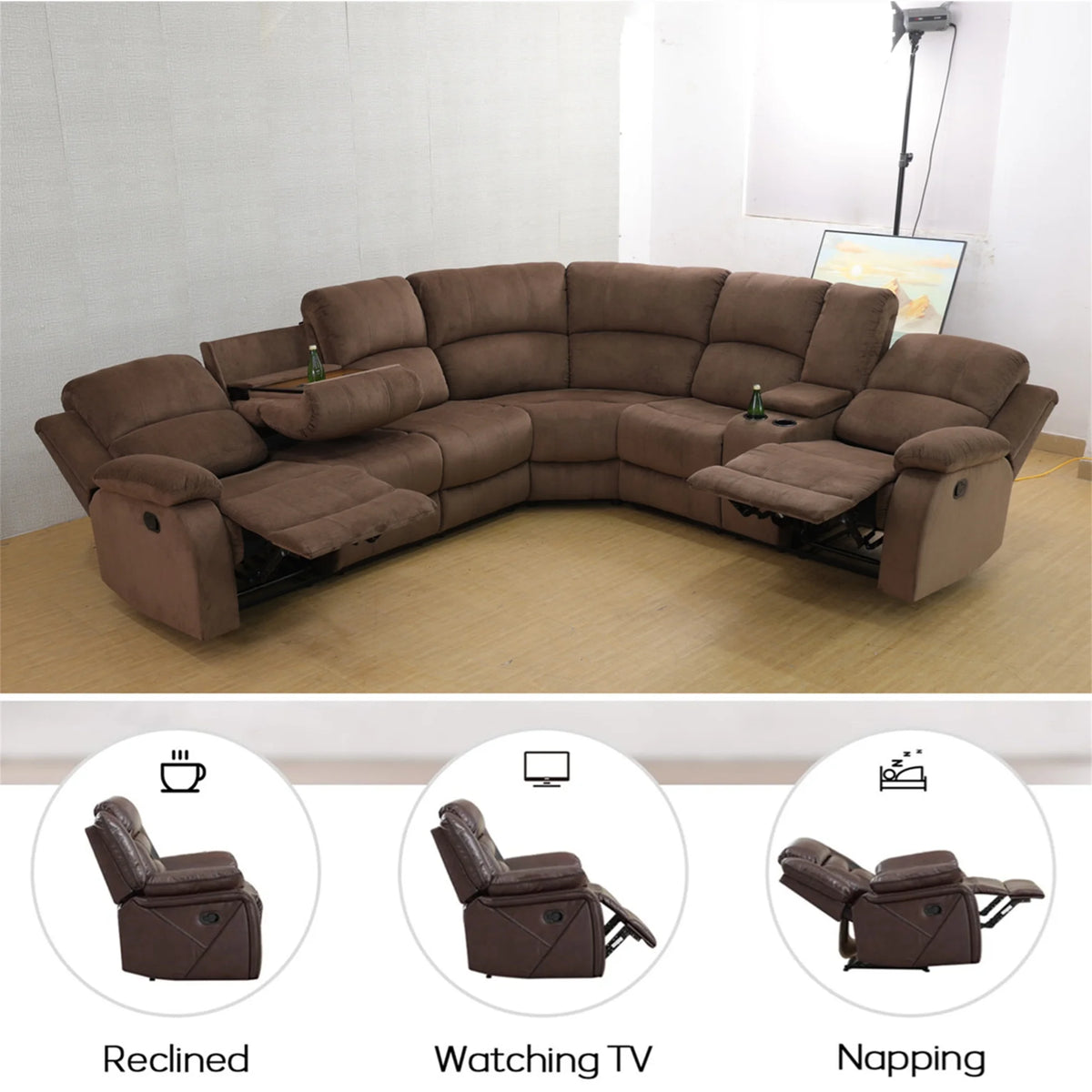 Aukfa 3 - Piece Recliner Sofa Set. 6 Seat Sectional Couch with Cup Holders&Storage Console. Gray