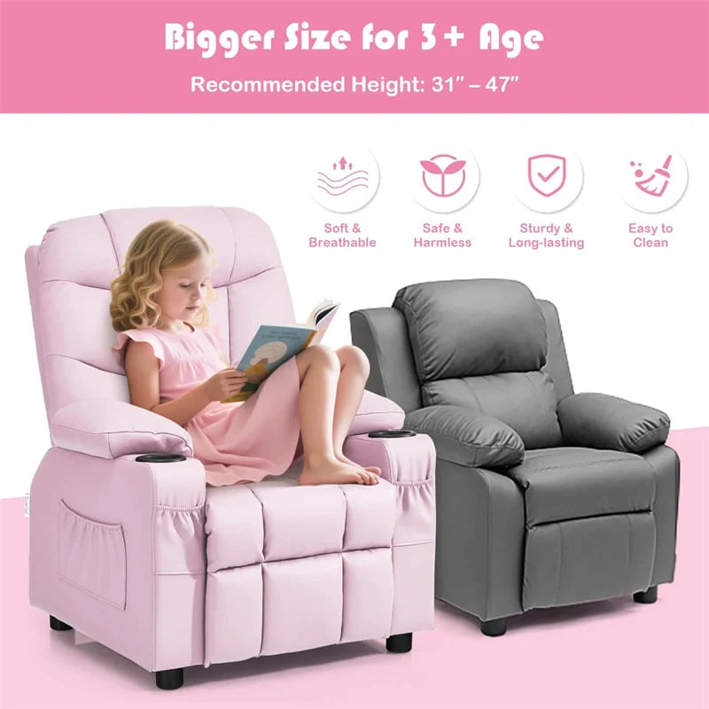 Kids Recliner Chair PU Leather Adjustable Lounge Sofa with Cup Holder. 3 Pockets & Retractable Footrest. Ergonomic Toddler Furniture Sofa