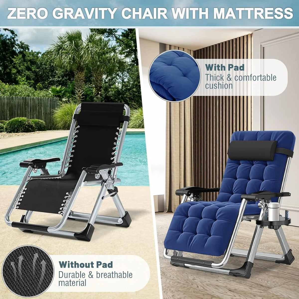 NAIZEA 2 Pack Zero Gravity Chair. Foldable Portable Lawn Recliner with Cushion. Headrest. Cup Holder. Black