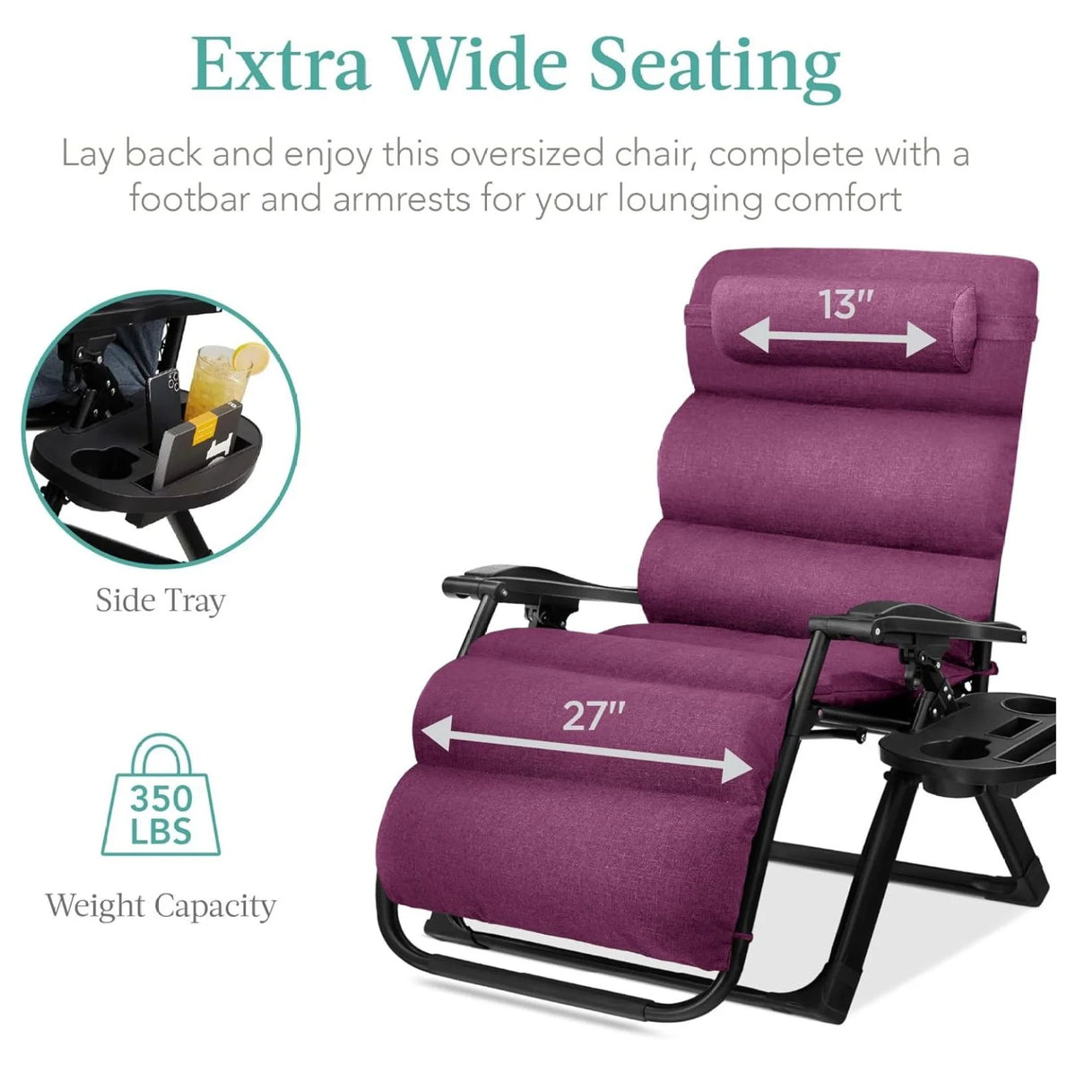 Oversized Chair. Folding Outdoor Patio Recliner. XL Anti Gravity Lounger W/Removable Cushion. Cup Holder. Side Tray. 350 lb Capacity - Taupe