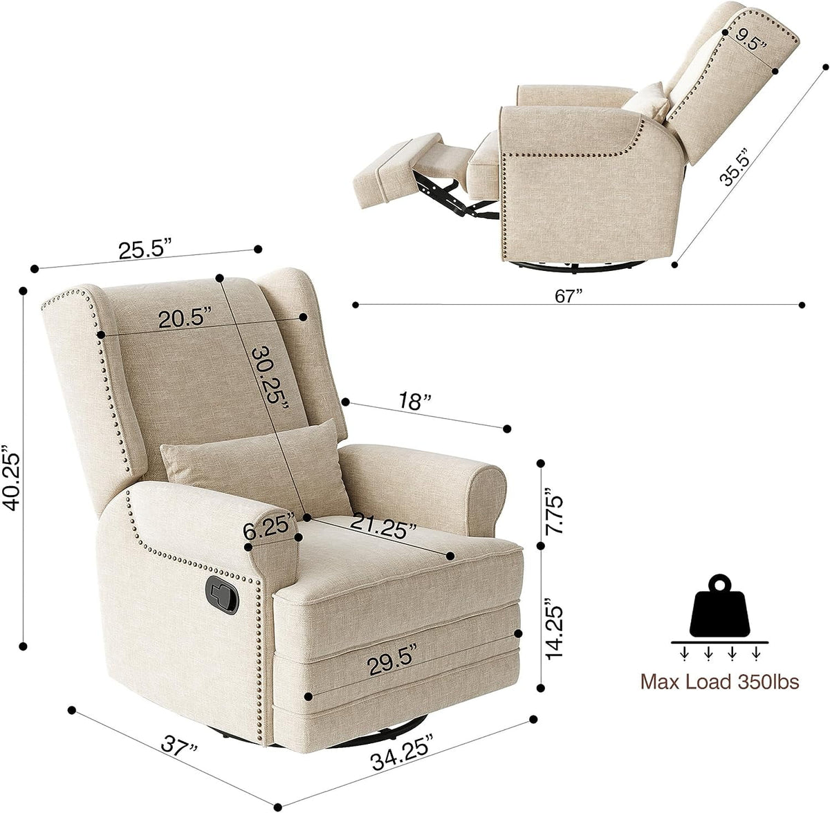 Royalcraft Swivel Nursery Glider Recliner. Comfy Upholstered Glider Chair with Lumbar Pillow and Footrest. Beige