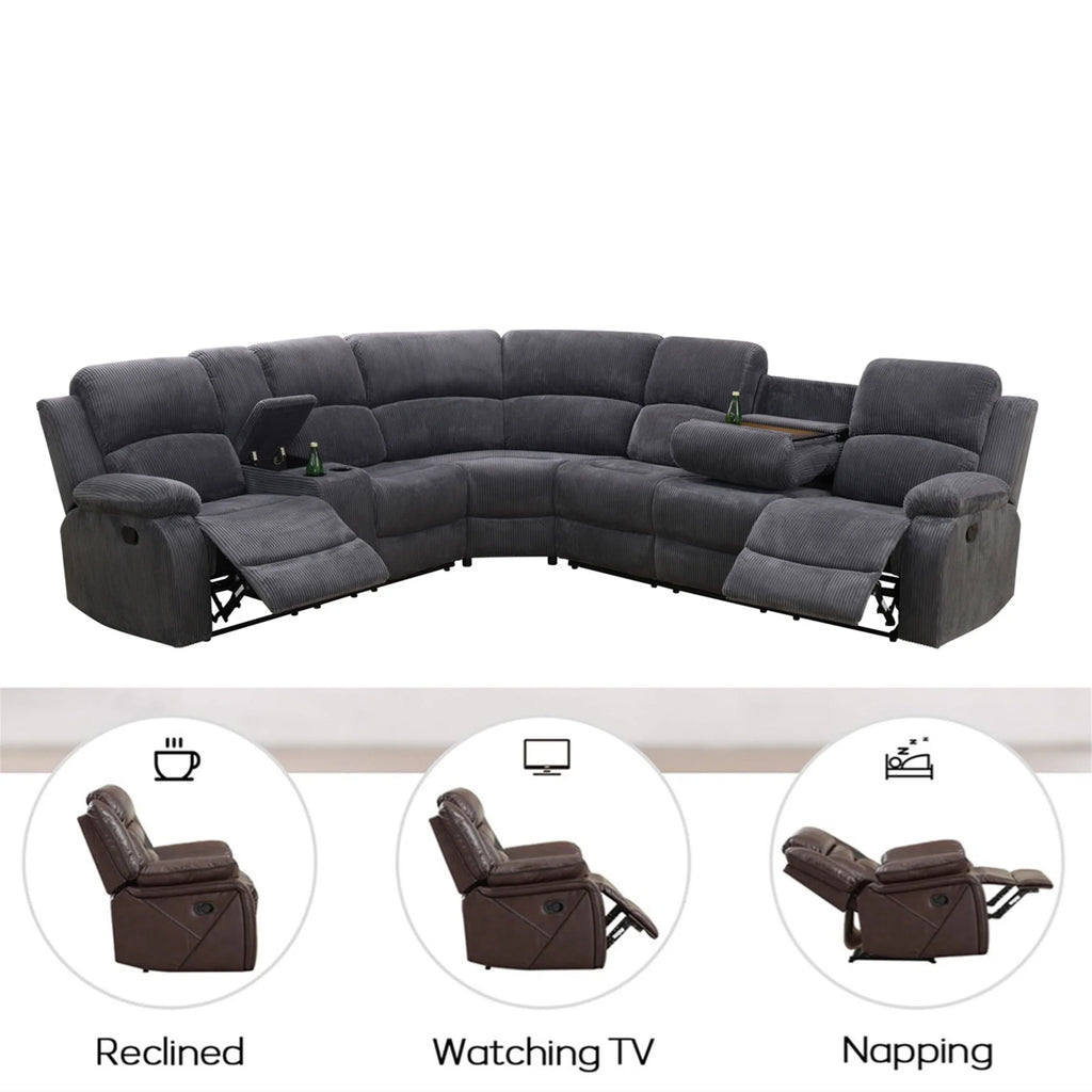Aukfa 3 - Piece Recliner Sofa Set. 6 Seat Sectional Couch with Cup Holders&Storage Console. Gray