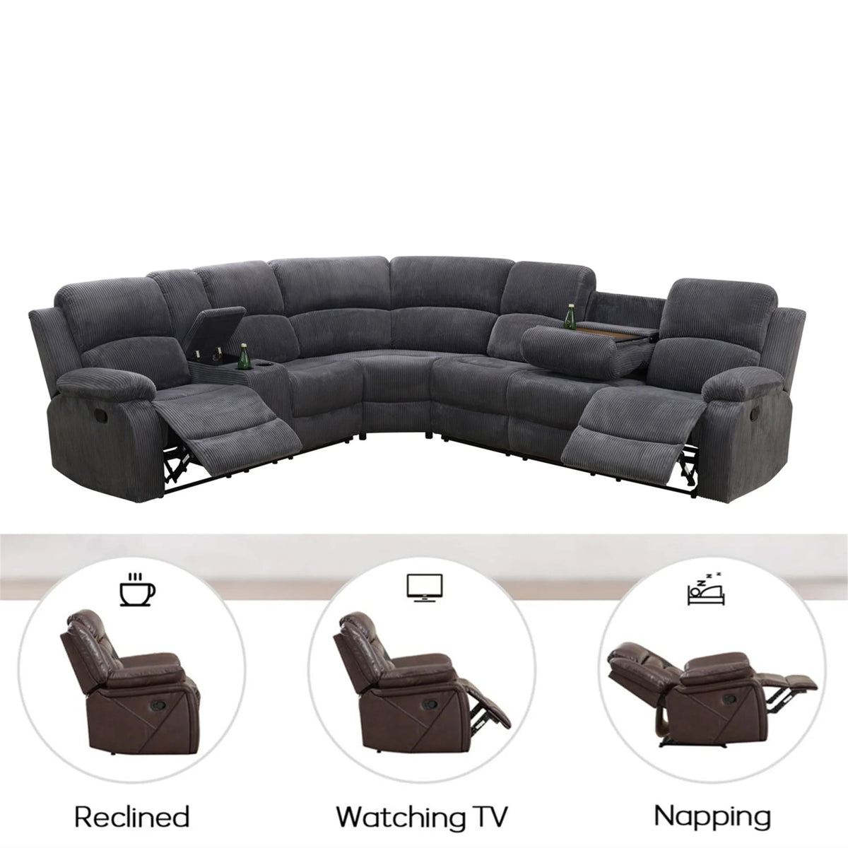 Aukfa 3 - Piece Recliner Sofa Set. 6 Seat Sectional Couch with Cup Holders&Storage Console. Gray