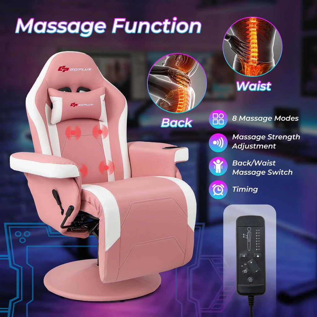 Goplus Massage Gaming Recliner Height Adjustable Racing Swivel Chair with Cup Holder Red