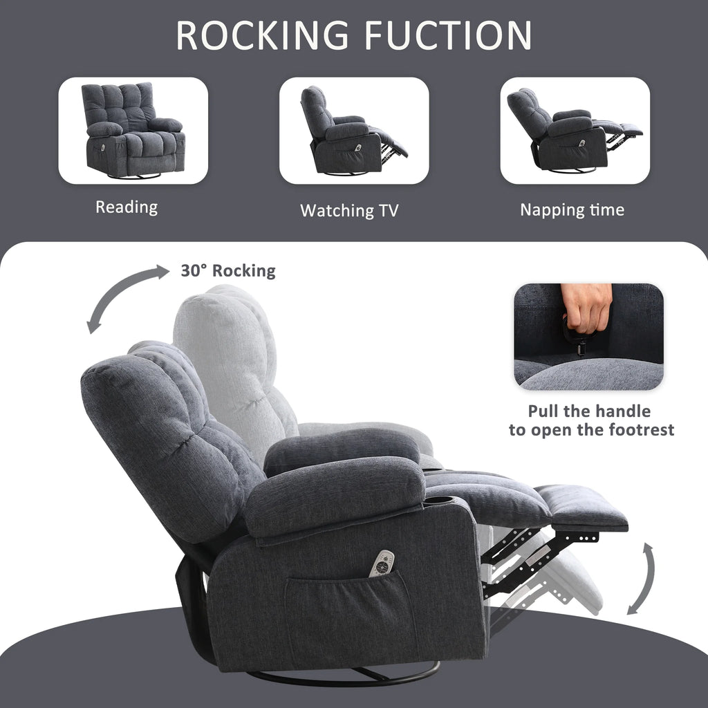 JONPONY Manual Recliner Chair with Heat Therapy and Massage Function. Heavy Duty Reclining Mechanism Massage Chair. Elderly Single Rocker Sofa with Cup Holders for Bedroom Home Theater. Grey