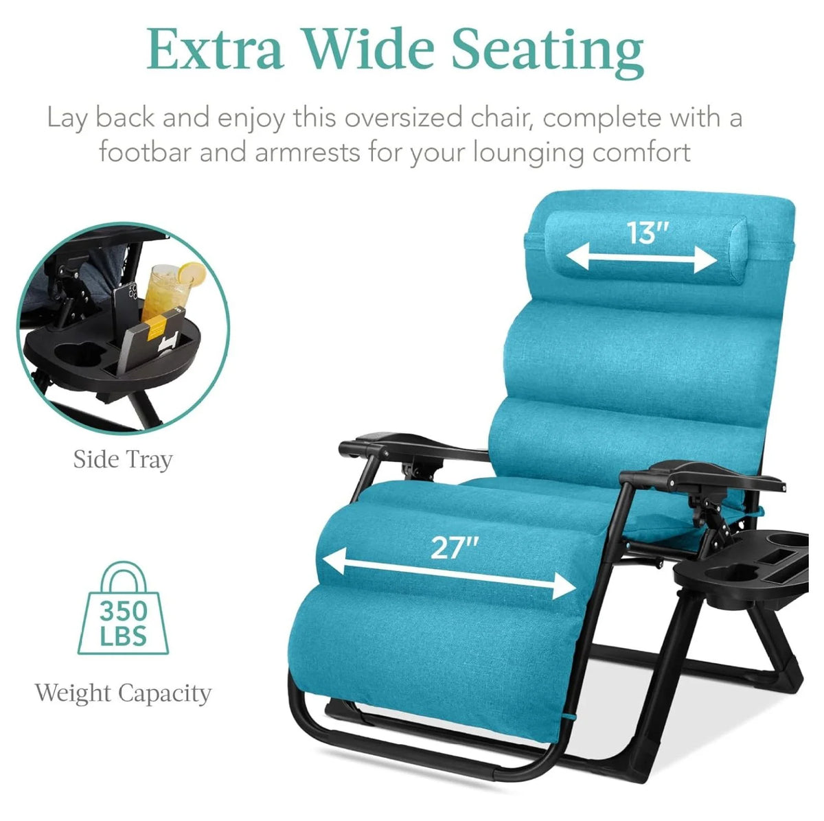 Oversized Chair. Folding Outdoor Patio Recliner. XL Anti Gravity Lounger W/Removable Cushion. Cup Holder. Side Tray. 350 lb Capacity - Taupe