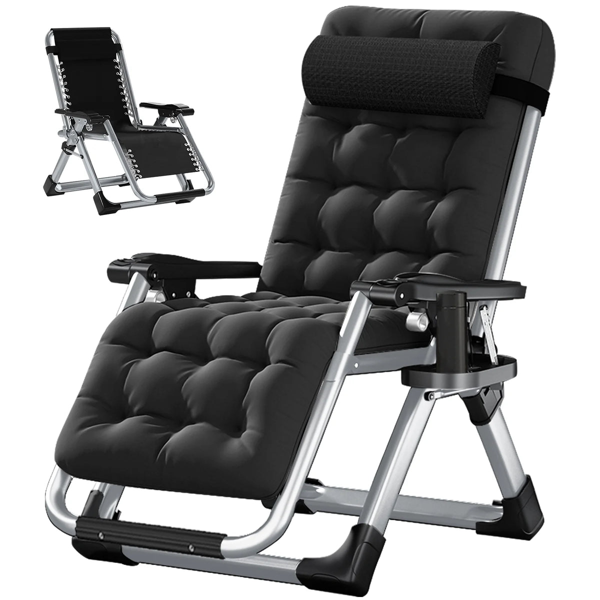 NAIZEA 2 Pack Zero Gravity Chair. Foldable Portable Lawn Recliner with Cushion. Headrest. Cup Holder. Black