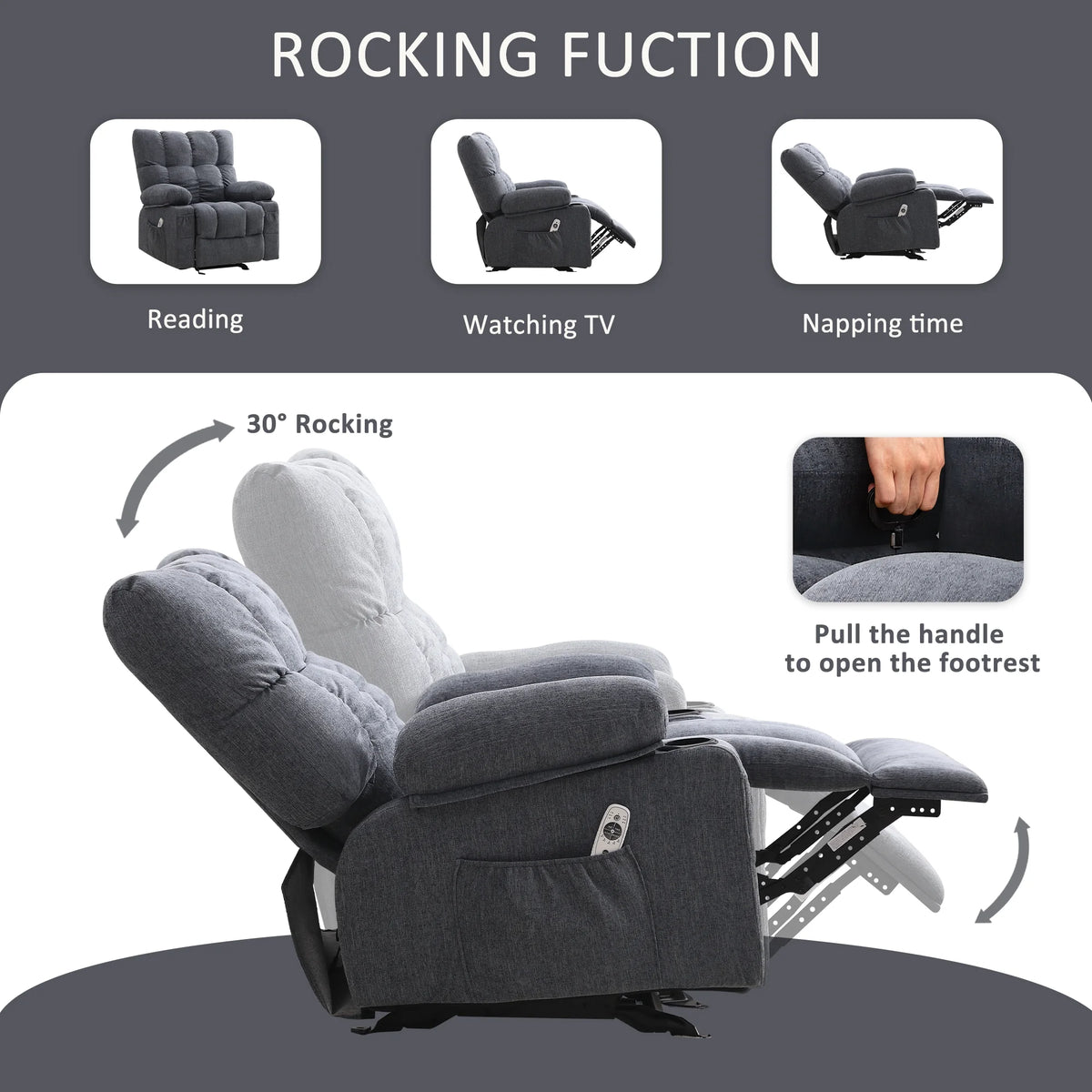 JONPONY Manual Recliner Chair with Heat Therapy and Massage Function. Heavy Duty Reclining Mechanism Massage Chair. Elderly Single Rocker Sofa with Cup Holders for Bedroom Home Theater. Grey
