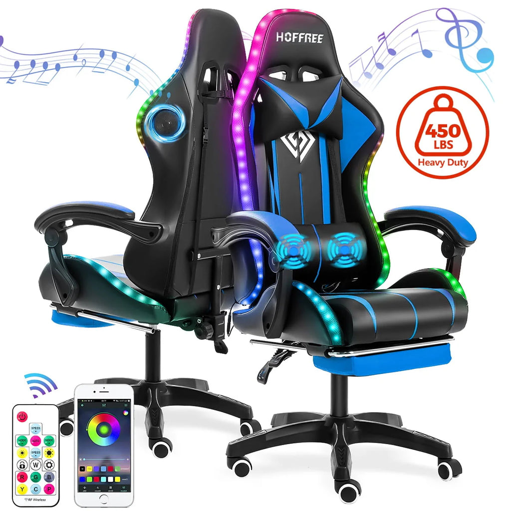 Hoffree Message Gaming Chair with RGB LED Lights. Racing Style Recliner Swivel Video Game Chair with Speakers. Adjustable Ergonomic High Back Computer Chair with Headrest & Lumbar Support