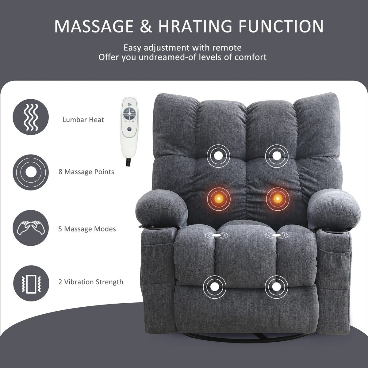 JONPONY Manual Recliner Chair with Heat Therapy and Massage Function. Heavy Duty Reclining Mechanism Massage Chair. Elderly Single Rocker Sofa with Cup Holders for Bedroom Home Theater. Grey
