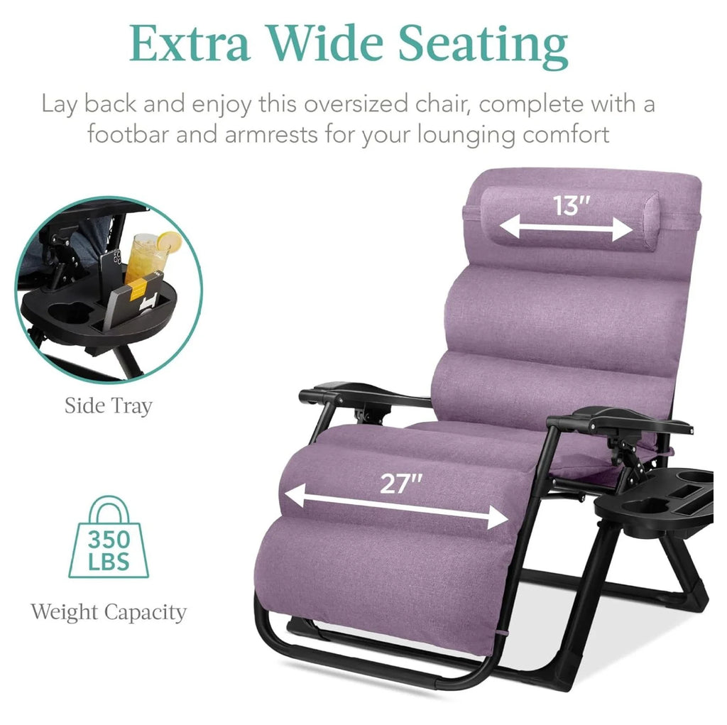 Oversized Chair. Folding Outdoor Patio Recliner. XL Anti Gravity Lounger W/Removable Cushion. Cup Holder. Side Tray. 350 lb Capacity - Taupe