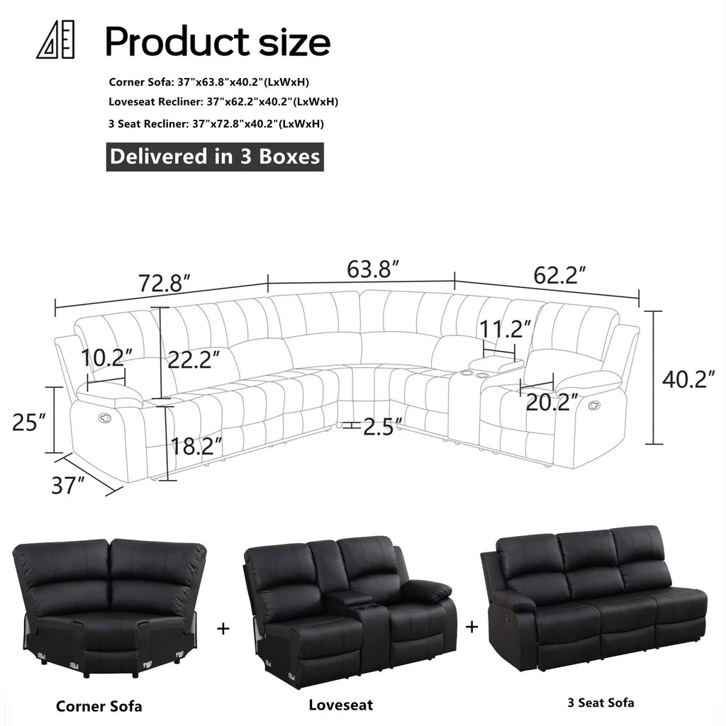 Aukfa 3 - Piece Recliner Sofa Set. 6 Seat Sectional Couch with Cup Holders&Storage Console. Gray