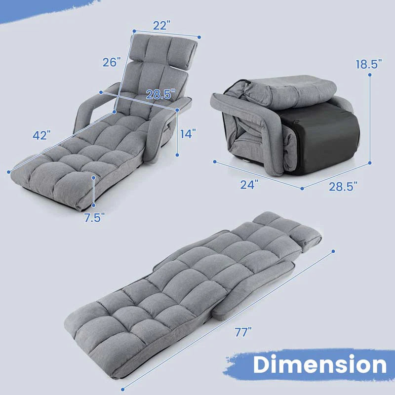 6-Position Adjustable Floor Sofa Bed. Folding Lazy Sofa Chaise Lounger Recliner with Armrests & Footrests for Living Room. Bedroom & Gaming