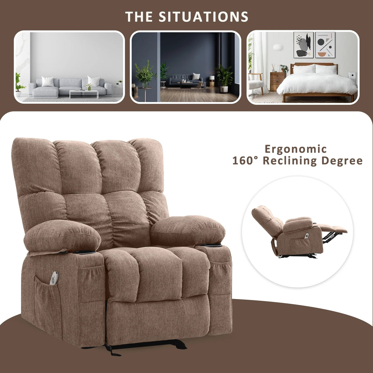 JONPONY Manual Recliner Chair with Heat Therapy and Massage Function. Heavy Duty Reclining Mechanism Massage Chair. Elderly Single Rocker Sofa with Cup Holders for Bedroom Home Theater. Grey