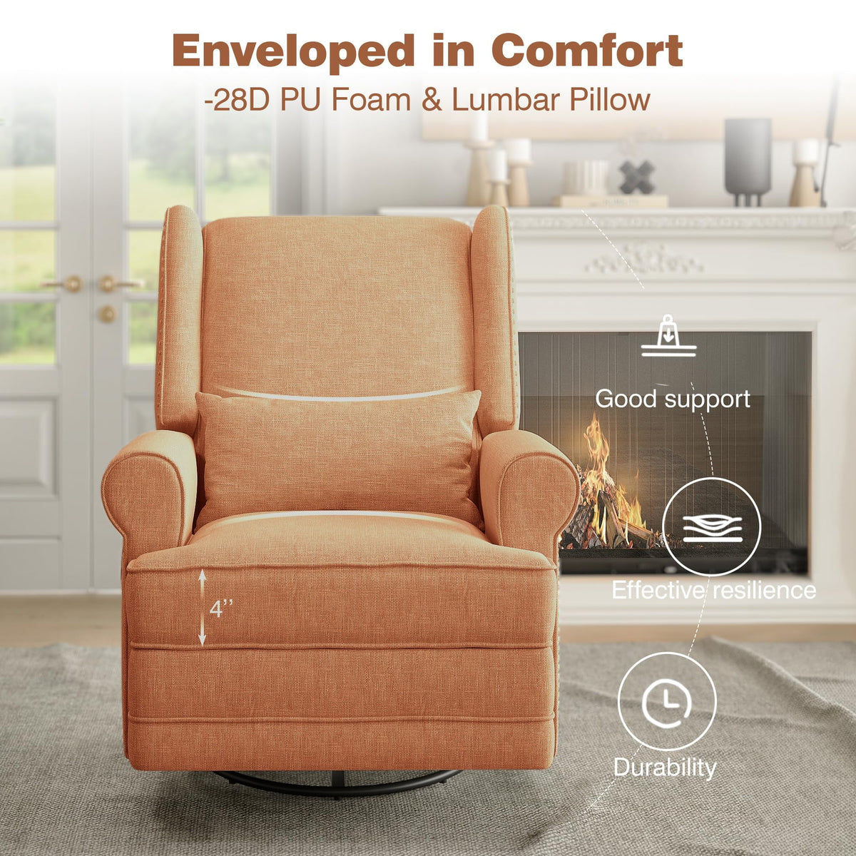 Royalcraft Swivel Nursery Glider Recliner. Comfy Upholstered Glider Chair with Lumbar Pillow and Footrest. Beige