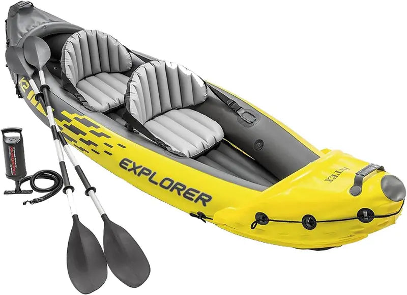 Explorer K2 Inflatable Kayak for Two – Durable PVC. Adjustable Seat. 86″ Aluminum Paddle &amp; High-Output Pump (400-Lb Capacity)