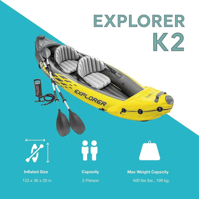 Explorer K2 Inflatable Kayak for Two – Durable PVC. Adjustable Seat. 86″ Aluminum Paddle &amp; High-Output Pump (400-Lb Capacity)