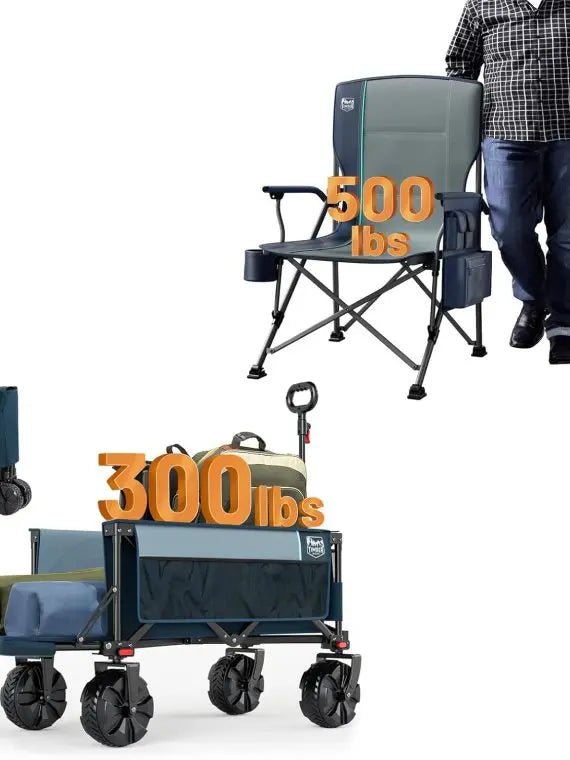 Extra Large Camping Chair with High Back Support &amp; 47″ Folding Wagon - Supports Up to 500lbs