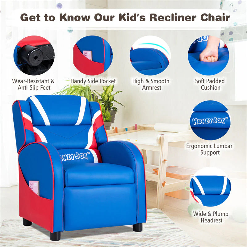 Kids Recliner Chair. Adjustable PU Leather Gaming Sofa with Footrest. Lumbar Support & Side Pockets. Ergonomic Children Lounge Armchair