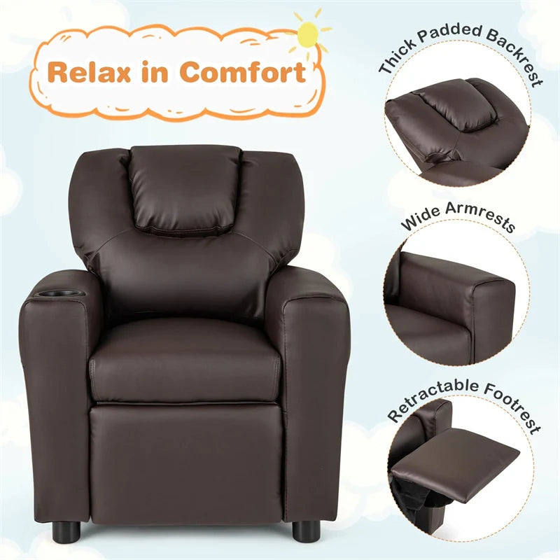 Kids Recliner Chair with Cup Holder & Side Pocket. Adjustable Toddler Lounge Sofa. Ergonomic Children Armchairs for Boys Girls Age 3+. 150lbs