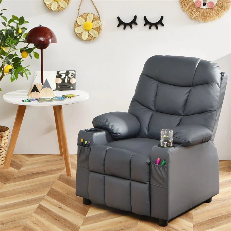 Kids Recliner Chair PU Leather Adjustable Lounge Sofa with Cup Holder. 3 Pockets & Retractable Footrest. Ergonomic Toddler Furniture Sofa