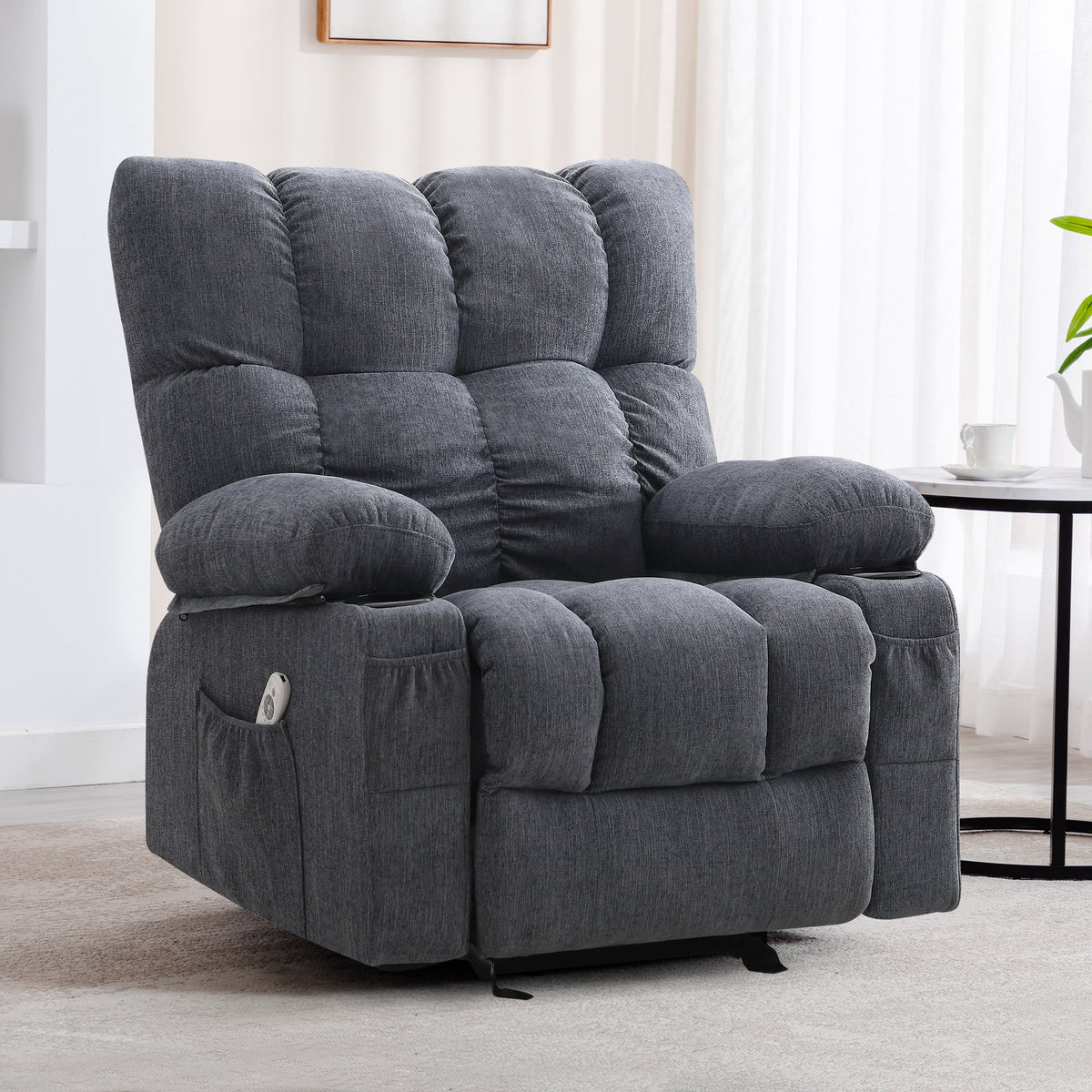 JONPONY Manual Recliner Chair with Heat Therapy and Massage Function. Heavy Duty Reclining Mechanism Massage Chair. Elderly Single Rocker Sofa with Cup Holders for Bedroom Home Theater. Grey