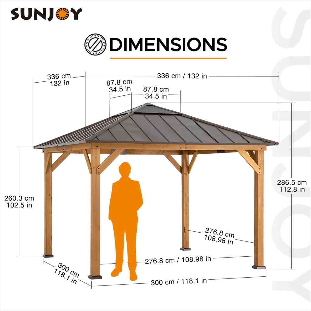 Sunjoy Hardtop Gazebo 11 x 11 ft. Cedar Framed Wood Gazebo with Brown Steel and Polycarbonate Hip Roof Hardtop for Garden. Backyard Shade