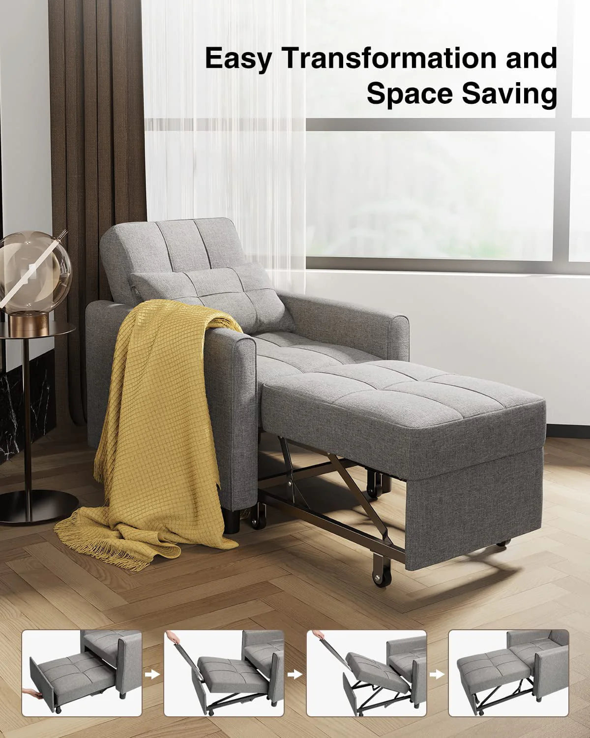 Lofka Chair Bed. Convertible Sofa Bed Couch Recliner Single Bed for Living Room/Office/Bedroom. Light Gray
