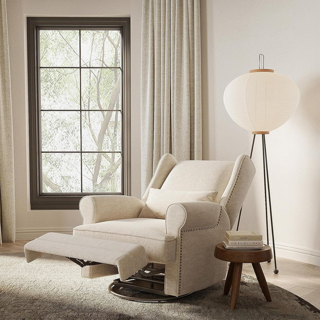 Royalcraft Swivel Nursery Glider Recliner. Comfy Upholstered Glider Chair with Lumbar Pillow and Footrest. Beige