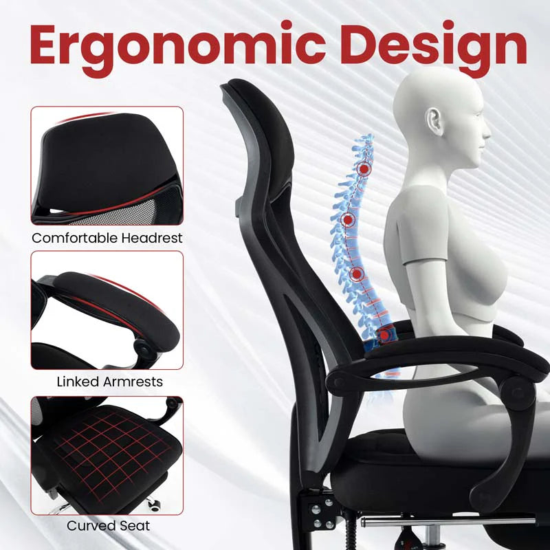Mesh Office Chair Ergonomic Desk Chair with Footrest and Tilting Backrest. High Back Recliner Swivel Task Chair for Home Office