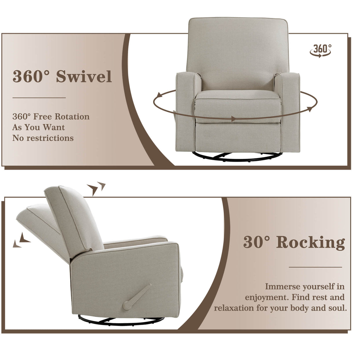 Manual Recliner Nursery Glider & Swivel Rocking Recliner Chair. Fabric