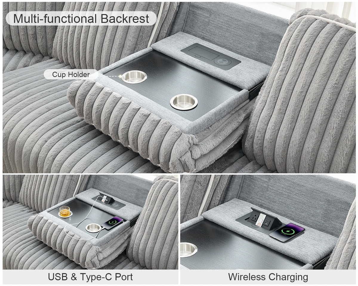 Power Reclining Sectional Sofa with Wireless Charger. 6 - Seater Faux Fur Sectional with Recliners. Hidden Cup Holders. Storage Console. USB & Type - C Ports. Black