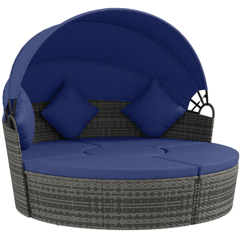 Jazmyne Outsunny 4 Piece Round Rattan Daybed. Convertible Patio Furniture Set. Adjustable Sun Canopy. Sectional Outdoor Sofa. 2 Chairs. Extending Tea Table Ottoman Chair. 3 Pillows