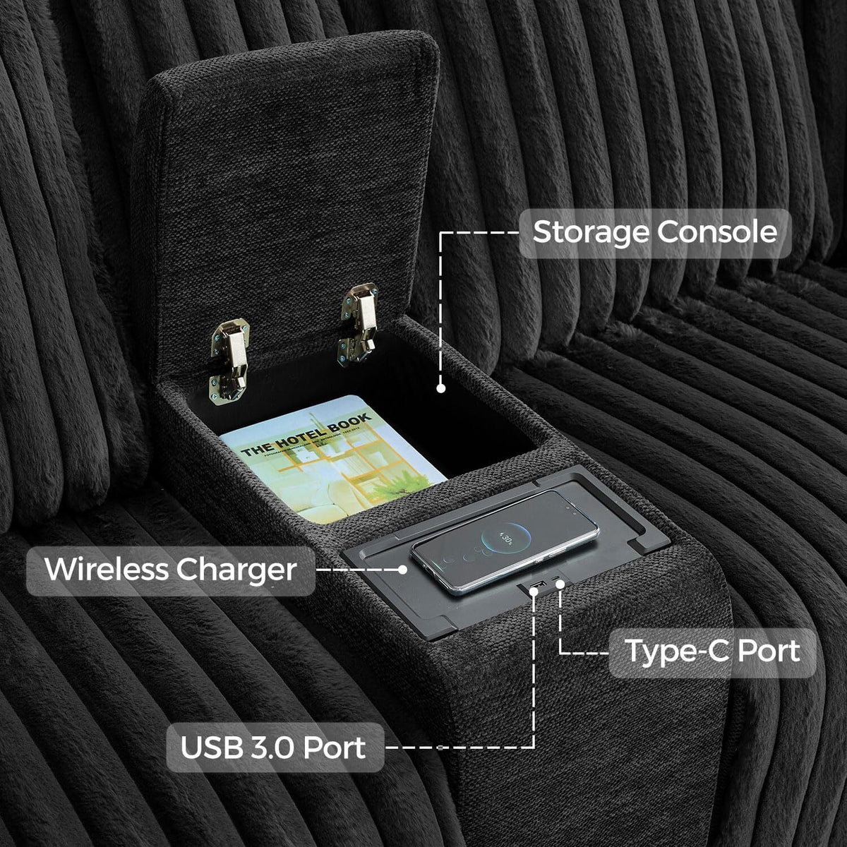 Power Reclining Sectional Sofa with Wireless Charger. 6 - Seater Faux Fur Sectional with Recliners. Hidden Cup Holders. Storage Console. USB & Type - C Ports. Black